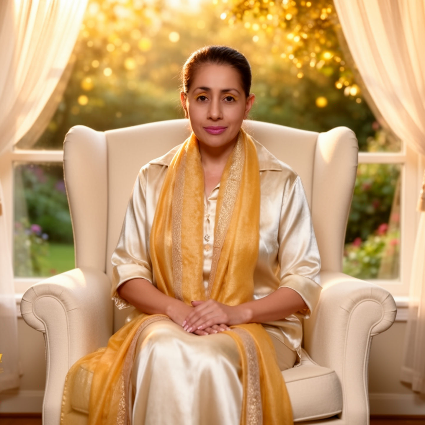 Zarina seated in a cream wingback armchair in warm light