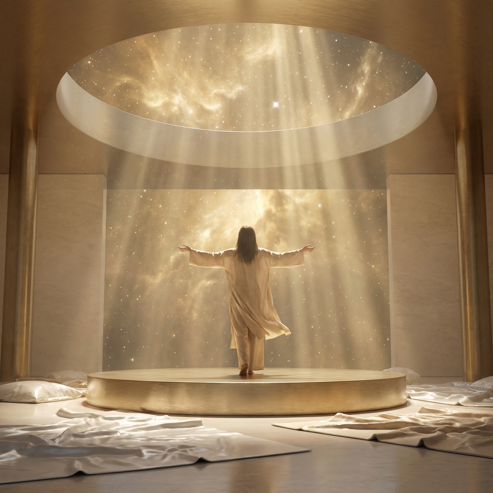 Sculptural abstract gold artwork bathed in radiant white light